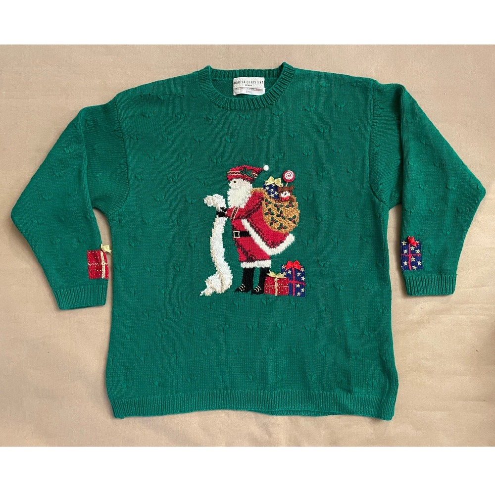 Vintage 90s 2X Marisa Christina Christmas Collection Sweater Green Santa Beaded